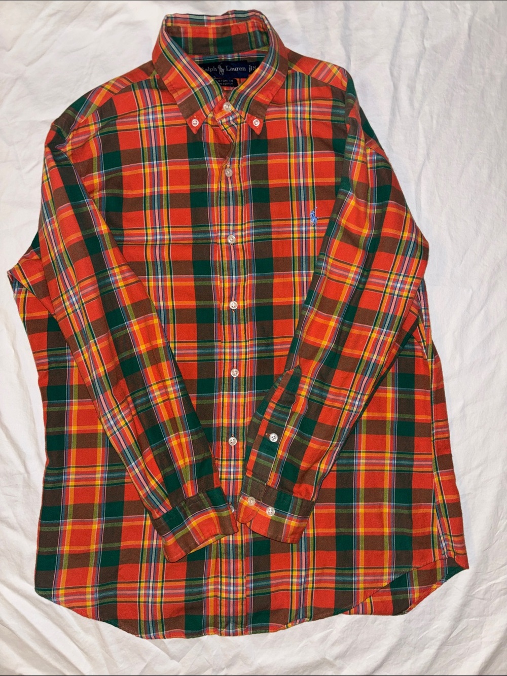 Polo Ralph Lauren Orange & Green Men's Plaid Button Down Shirt - Medium
